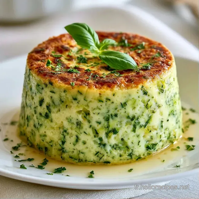 Tranche de flan onctueux vert pastel sur assiette blanche, orn&eacute;e d'une herbe fra&icirc;che et d'un filet d'huile brillante.