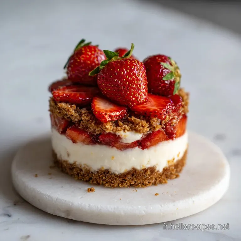 Montage raffin&eacute; de fraises fra&icirc;ches et de poudre de biscuit caramel, dispos&eacute; artistiquement sur une porcelaine blanche.