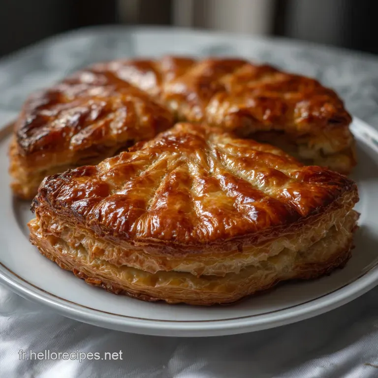 Elegant slice of galette on a plate, revealing a creamy almond filling. Flaky layers of golden crust and a dusting of swee...