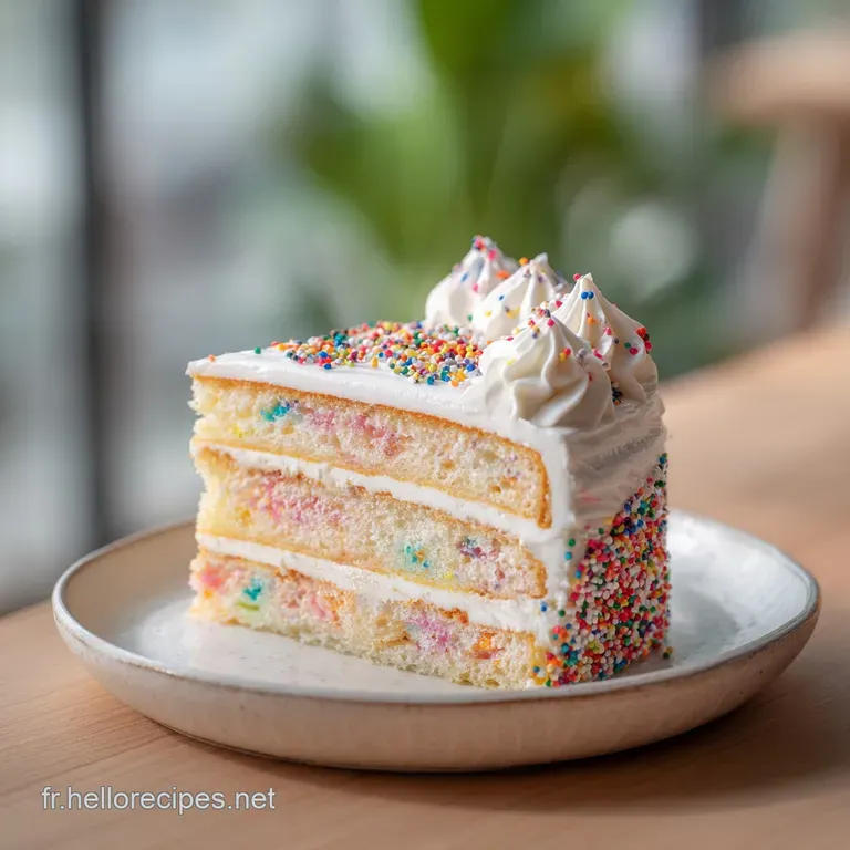 A slice of moist cake on a white plate, frosting swirls, soft crumb texture, and colorful decorations, suggesting a sweet ...