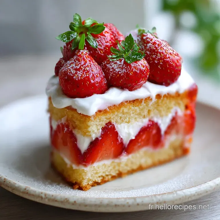 Slice of strawberry cake shows vibrant red strawberries nestled in creamy mascarpone, alongside moist layers of golden spo...
