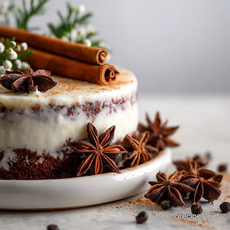 Slice of rich, chocolate yule log cake plated with a dusting of cocoa powder and festive sugared cranberries and rosemary.