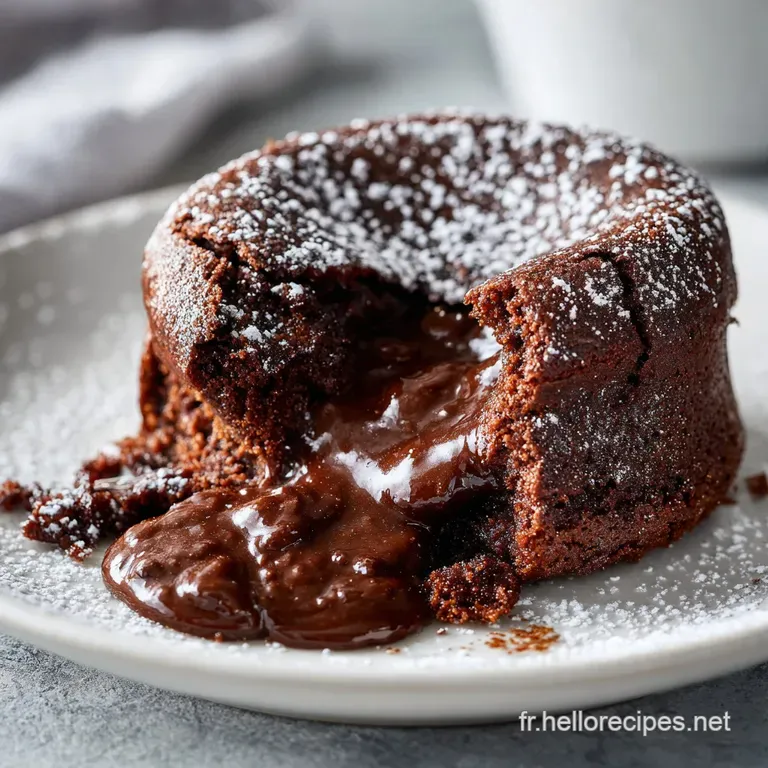 An individual dark chocolate cake, slightly cracked on top, served on a white plate with a swirl of raspberry coulis.