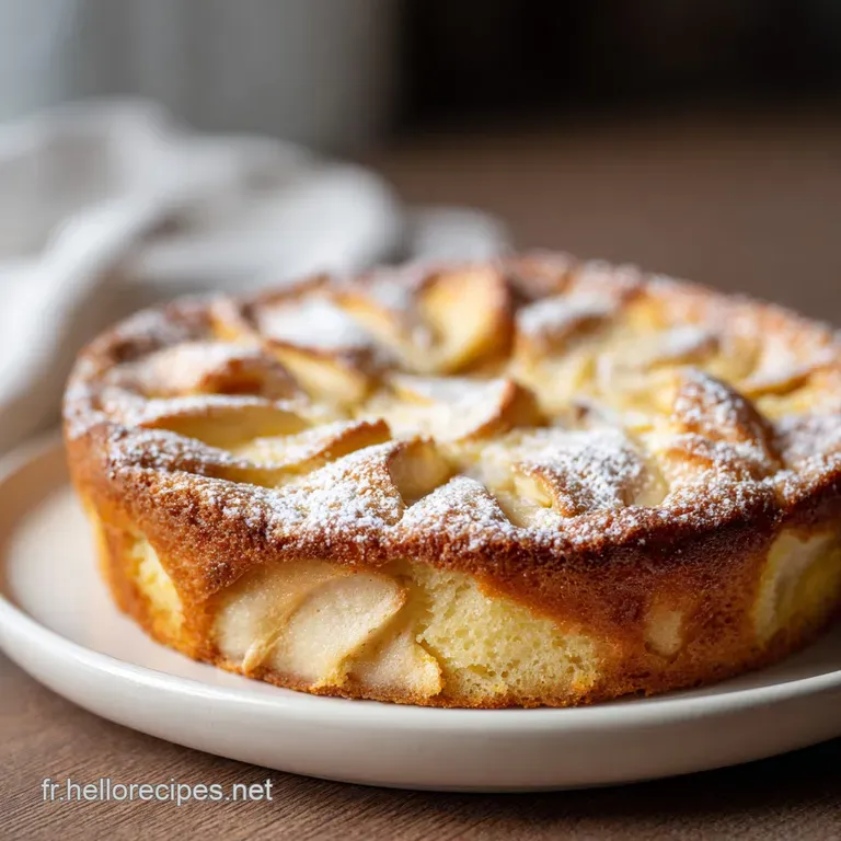 A slice of tender apple cake, artfully plated with a dollop of whipped cream and a dusting of cinnamon. Warm and comforting.