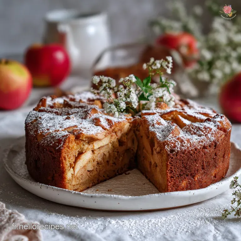Slice of moist apple cake on a white plate, beside a dollop of whipped cream and fresh thyme sprig. Warm and inviting dess...