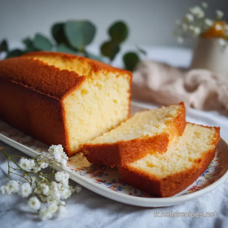 Slice of tender, pale yellow eggless cake on a white plate, inviting crumb visible, dusted with fine powdered sugar.