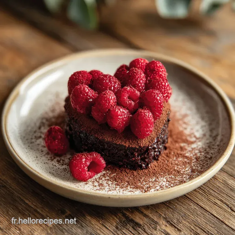 A glossy, deep red heart-shaped cake slice sits on a white plate, topped with fresh raspberries, ready to be enjoyed.