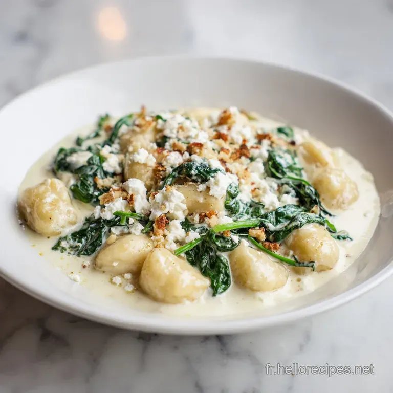 Assiette blanche mettant en valeur des gnocchis fondants dans une cr&egrave;me onctueuse, saupoudr&eacute;s de parmesan blanc.