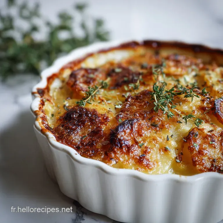 Elegant serving of scalloped potatoes, browned & glistening, resting on a white plate. Side garnishes provide a pop of fre...