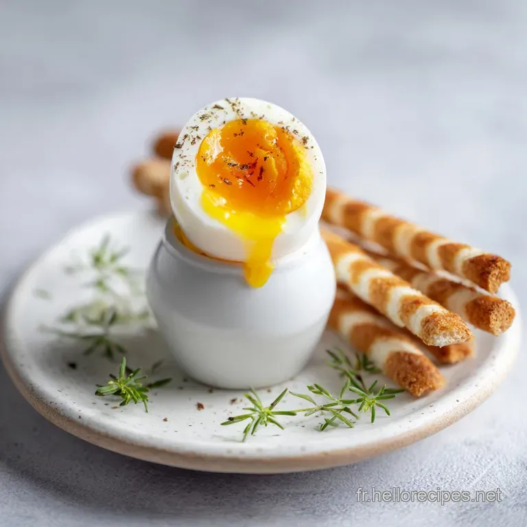 Oeuf &agrave; la coque served in elegant glass egg cup. Toasted baguette slices stand ready for dipping in golden yolk.