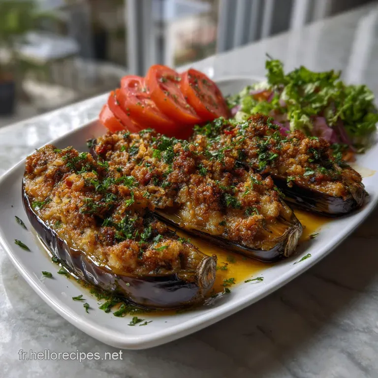 Two stuffed aubergine halves artfully arranged on a white plate, alongside a dollop of creamy yogurt, a colorful and tempt...