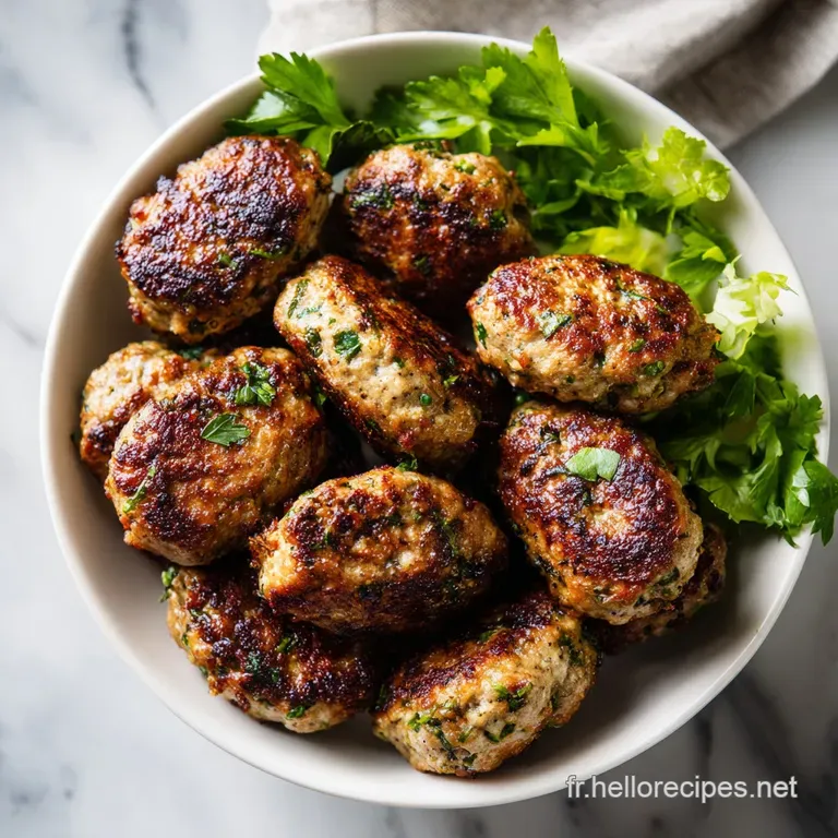 Plated kefta with a side of fluffy couscous. Meat is browned and juicy. Bright herbs and a squeeze of lemon add freshness.