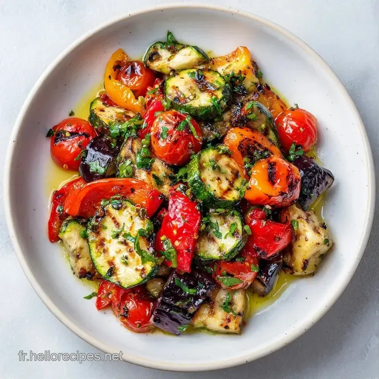 L&eacute;gumes r&ocirc;tis dispos&eacute;s avec soin sur une assiette blanche, couleurs vives contrast&eacute;es et herbes fra&icirc;ches cisel&eacute;es.