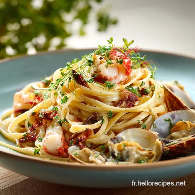 Les P&acirc;tes Du P&ecirc;cheur Linguine Aux Fruits De Mer Cr&egrave;me De Safran Et Vin Blanc presentation