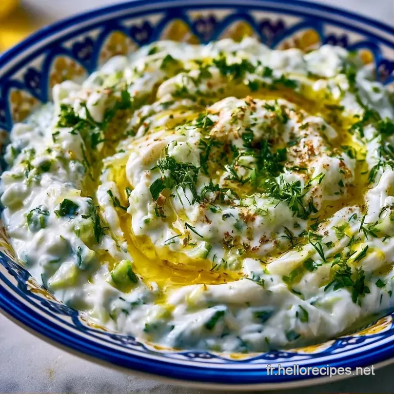 Bol en c&eacute;ramique avec une cr&egrave;me blanche fra&icirc;che, d&eacute;cor&eacute;e d'aneth vert et entour&eacute;e de pains pitas grill&eacute;s et dor&eacute;s.