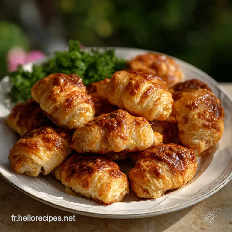 Elegant plate featuring a trio of mini croissants, the warm, cheesy filling visible against a backdrop of fresh, green herbs.