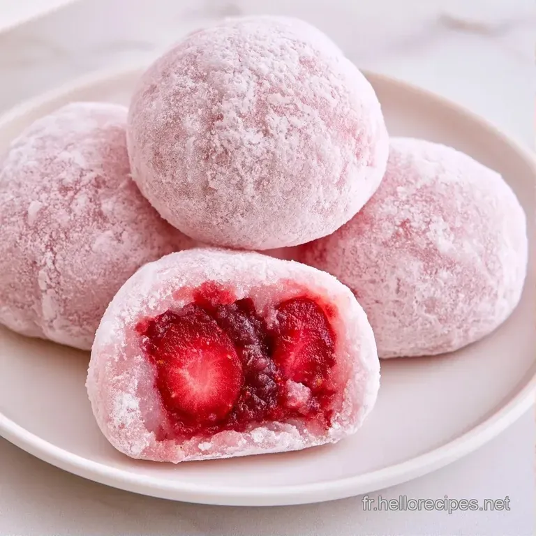 Petits g&acirc;teaux de riz arrondis et poudr&eacute;s, pos&eacute;s &eacute;l&eacute;gamment sur une assiette blanche avec des &eacute;clats de fraises.