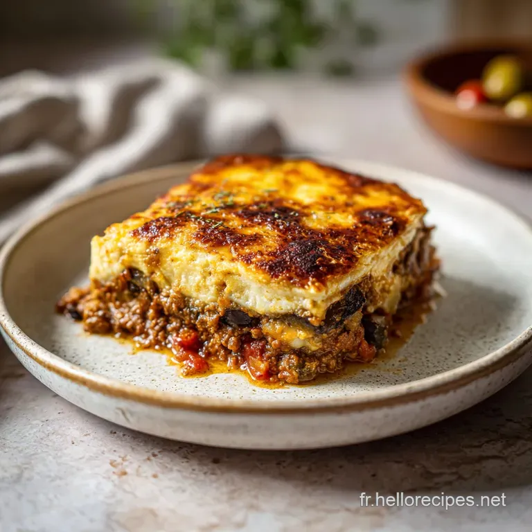 A beautifully portioned slice of moussaka, layered with tender aubergine and creamy b&eacute;chamel, served warm.