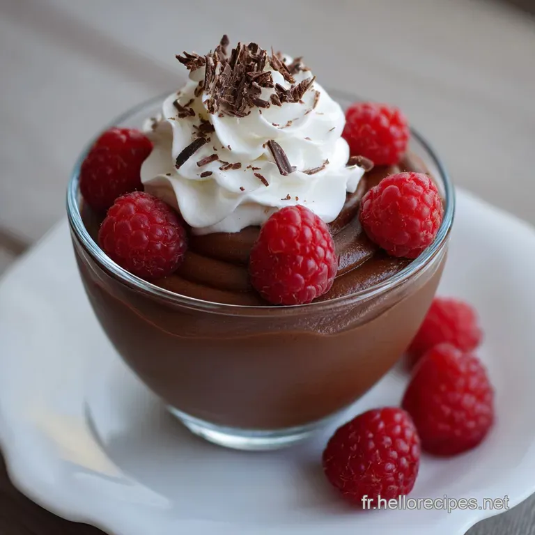 Elegant swirl of airy chocolate mousse in a stemmed glass, garnished with fresh raspberries and a sprig of mint. Shiny, da...