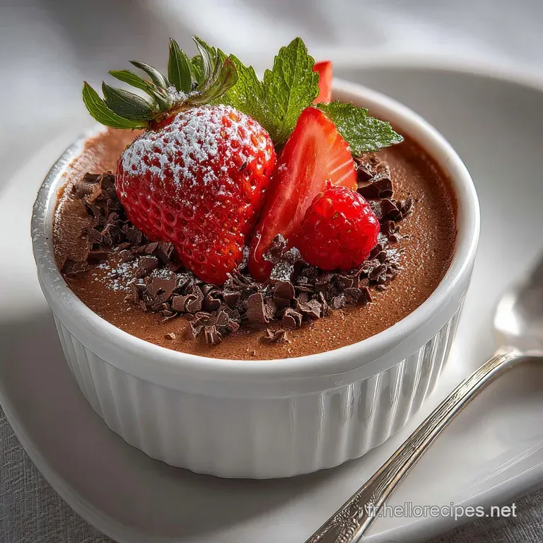 Elegant ramekin of rich chocolate mousse topped with a swirl of whipped cream and dark chocolate shavings on a white plate.