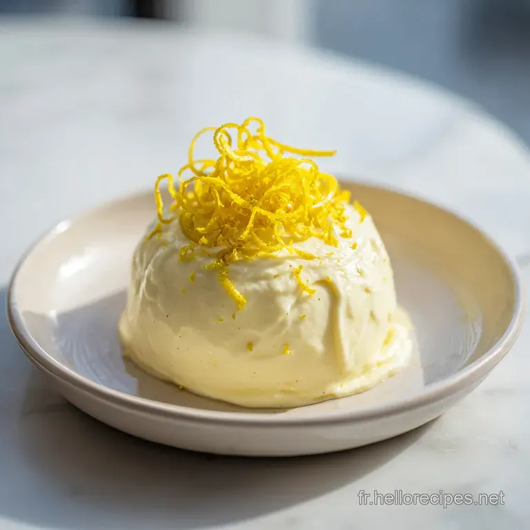 Un d&ocirc;me de mousse jaune clair pos&eacute; sur une assiette blanche, entour&eacute; de petits fruits rouges et d'un coulis brillant.