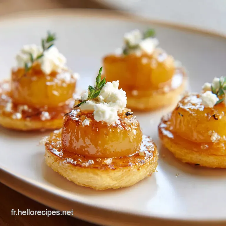 Disposition soign&eacute;e de navets caram&eacute;lis&eacute;s, &eacute;clats de ch&egrave;vre blanc et gouttes de miel ambr&eacute; agr&eacute;ment&eacute;es d'herbes vertes.