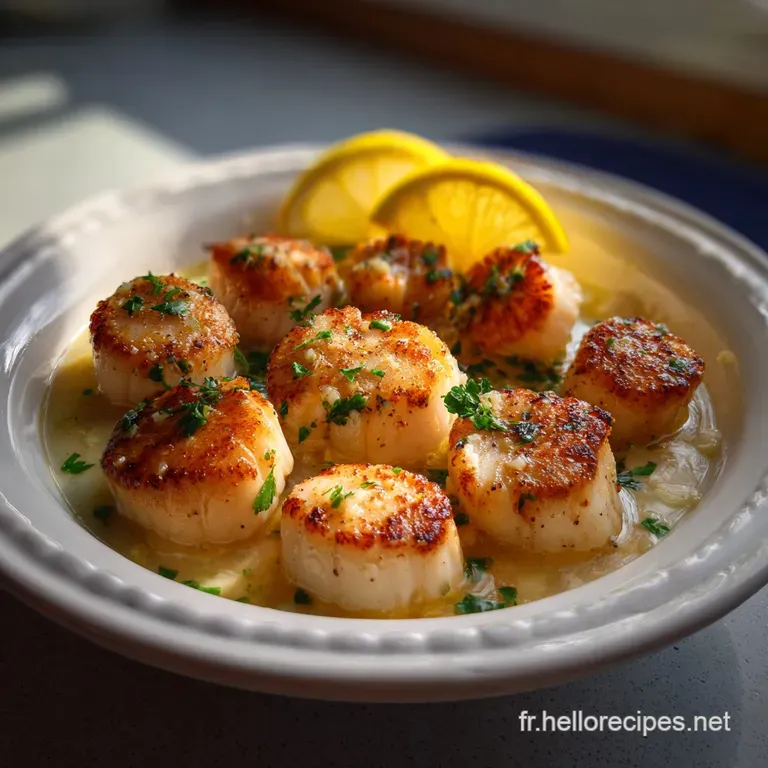Delicate scallops in amber crust, artfully arranged with microgreens and lemon wedges on a pristine white plate. Elegant.