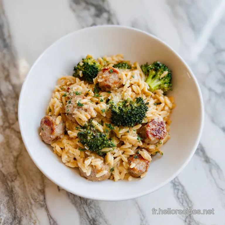 A vibrant plate of orzo, showcasing the glistening pasta, seared sausage, and perfectly cooked broccoli. A comforting and ...