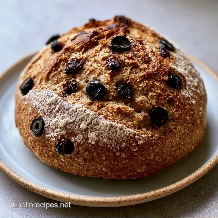 Tranches de pain brun aux olives sombres pos&eacute;es sur une planche en bois, mie a&eacute;r&eacute;e et cro&ucirc;te croustillante et mate.