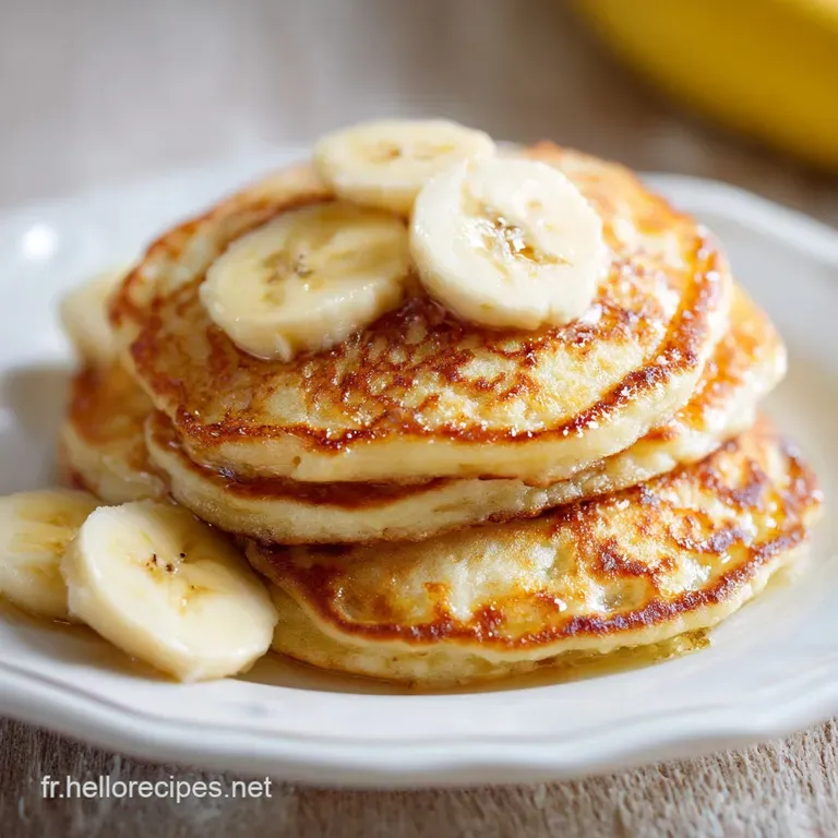 Four fluffy pancakes arranged on a white plate, topped with glistening caramelized bananas and syrup. A fork rests beside ...
