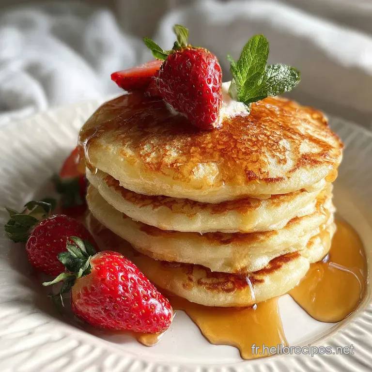 Delicate pancakes drizzled with syrup and adorned with fresh berries and a dusting of powdered sugar, plated beautifully.