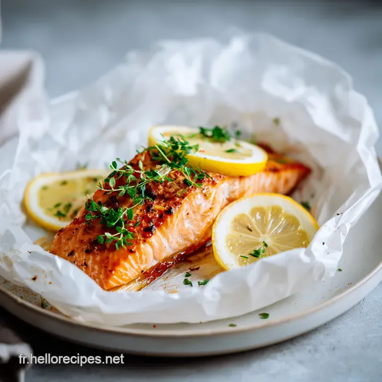Steaming salmon fillet resting atop vibrant, tender vegetables in a pool of fragrant broth, garnished with fresh dill sprigs.