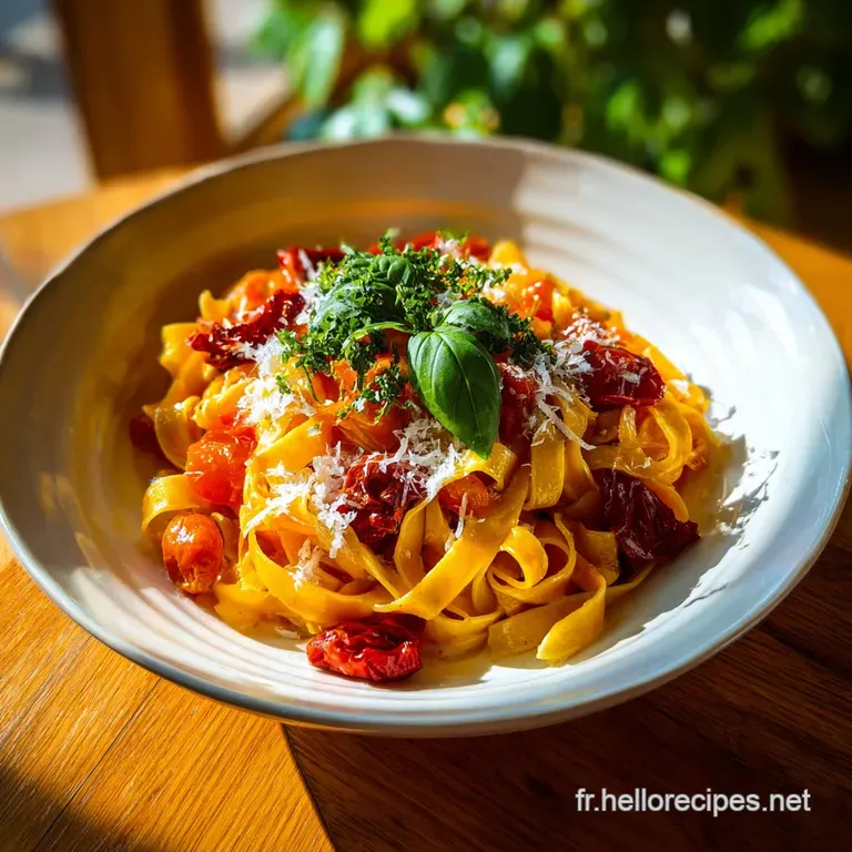 A comforting bowl showcasing tender pasta coated in rich, golden sauce, garnished with fragrant rosemary sprigs.