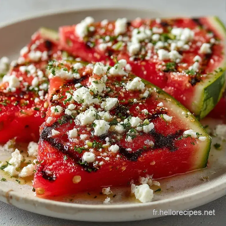 Tranches de fruit rouge juteux dispos&eacute;es en &eacute;ventail, parsem&eacute;es de feuilles de menthe fra&icirc;che sur une assiette blanche.