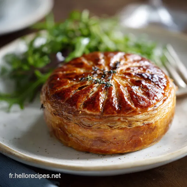 Elegant slice of p&acirc;t&eacute; en cro&ucirc;te on a white plate, adorned with fresh greens and a tangy cornichon garnish. Crust has a fla...