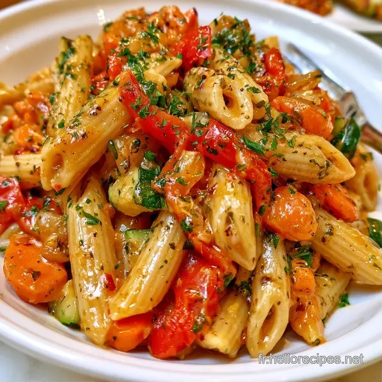 Dressage raffin&eacute; de p&acirc;tes en spirale avec des &eacute;clats de l&eacute;gumes color&eacute;s et une pinc&eacute;e de persil frais sur le dessus.