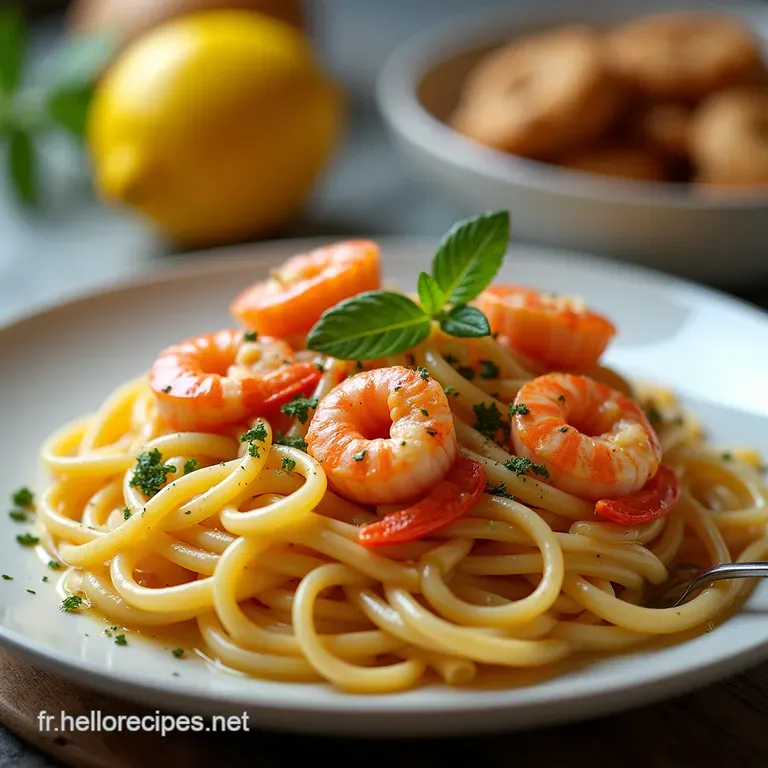 Linguine Luxueuses aux Crevettes Sauce Crémée à lAil Fumé et Zeste de Citron