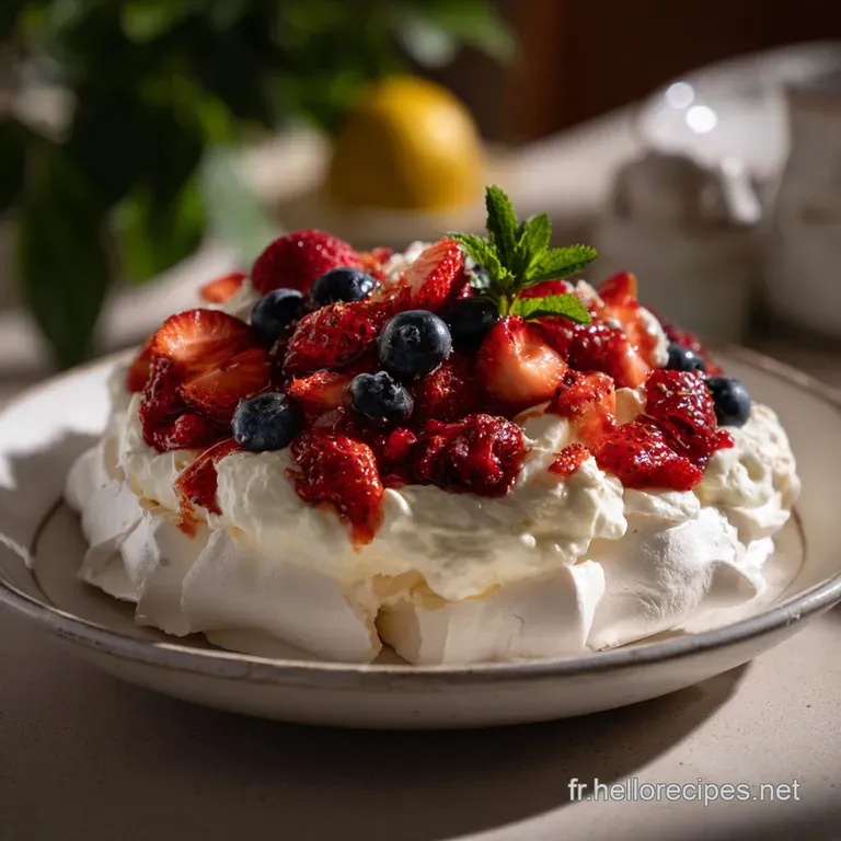 Individual pavlova topped with berries, a delicate balance of crisp and creamy textures, elegantly presented on a white pl...