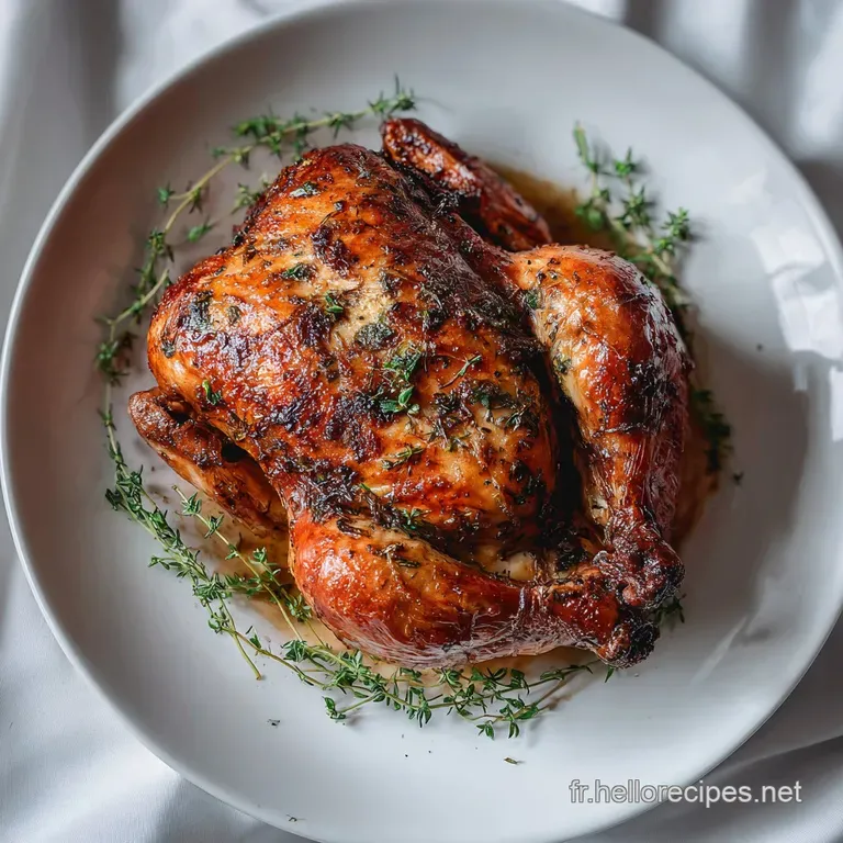 Elegant plate featuring a sliced guinea fowl portion with crisp skin. Garnished with herbs, it sits atop a bed of flavorfu...