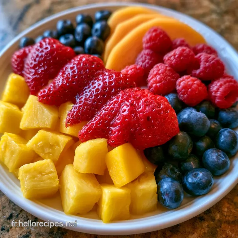 Arrangement harmonieux de cubes de fruits juteux et frais, dispos&eacute;s en cercles color&eacute;s sur un plat blanc &eacute;pur&eacute;.