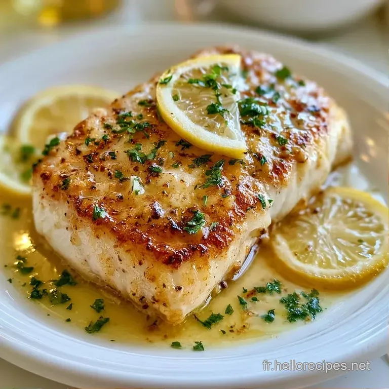 Morceau de poisson fondant napp&eacute; d'une sauce onctueuse et claire, d&eacute;cor&eacute; d'une tranche de citron et de brins de vert.