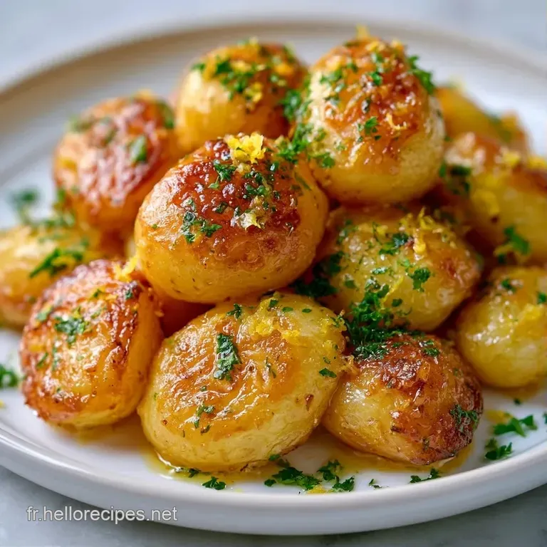 Pommes de terre r&ocirc;ties joliment dispos&eacute;es, d&eacute;cor&eacute;es de fines tranches de citron et d'herbes vertes sur un plat blanc.
