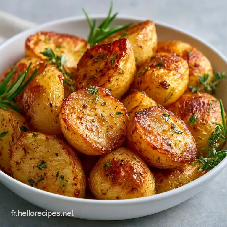 Pommes de terre r&ocirc;ties brillantes et ambr&eacute;es dispos&eacute;es avec soin, d&eacute;cor&eacute;es de romarin sur une assiette en c&eacute;ramique.