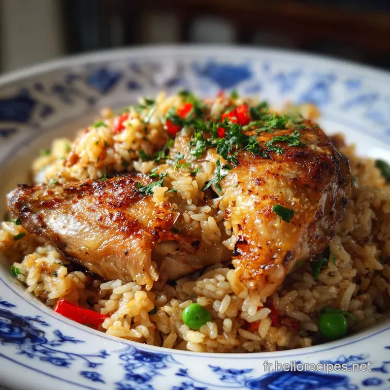 Elegant serving of tender chicken and rice. Ladle of glistening, rich sauce. Sprinkled with parsley. Warmth radiates from ...