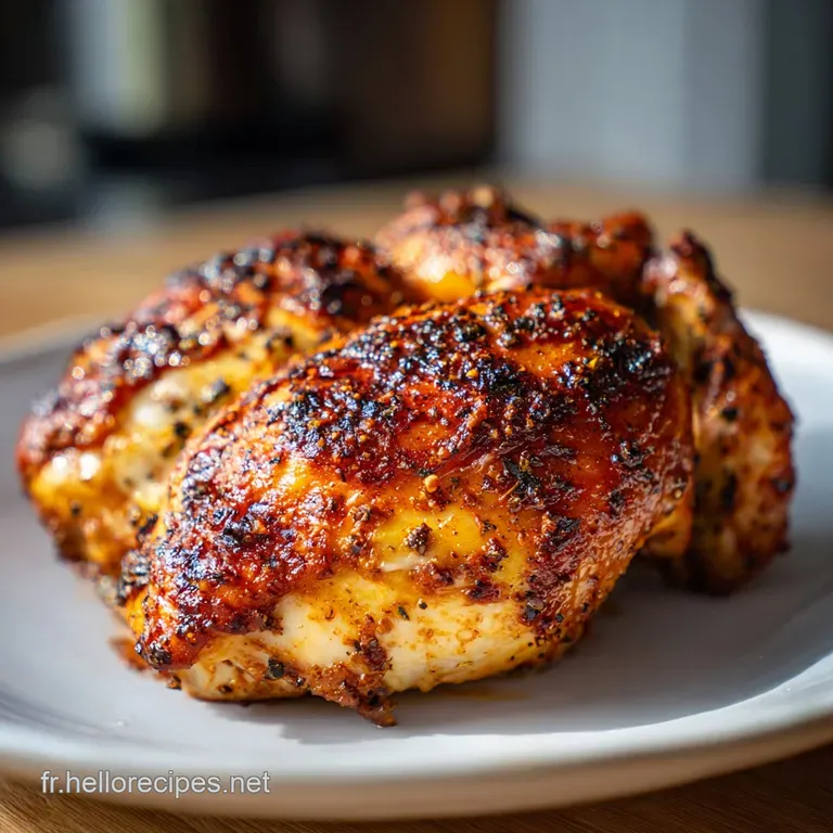 Perfectly roasted chicken piece, skin taut and bronzed, resting on creamy mashed potatoes with vibrant green asparagus.