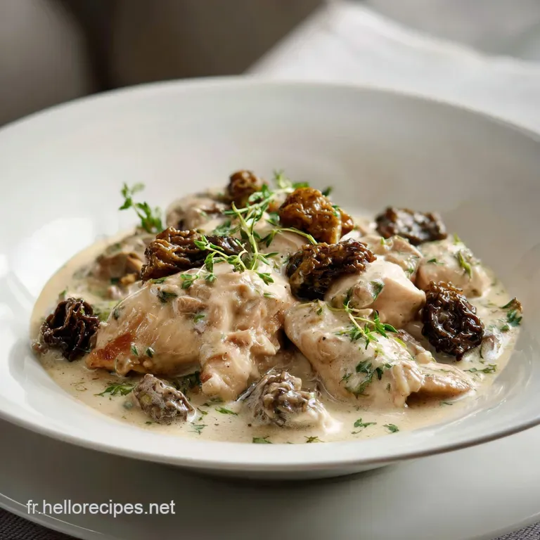 Plump chicken portion with glistening morel sauce, artfully arranged on a white plate; parsley sprigs add a fresh touch.