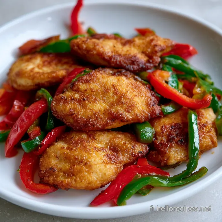 Morceaux de poulet juteux pos&eacute;s sur un lit de poivrons color&eacute;s, d&eacute;cor&eacute;s de persil frais dans une assiette blanche.
