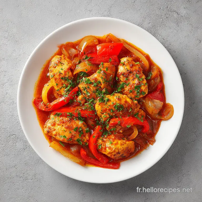 A rustic ceramic bowl filled with golden chicken pieces and colorful vegetables, glistening with sauce.