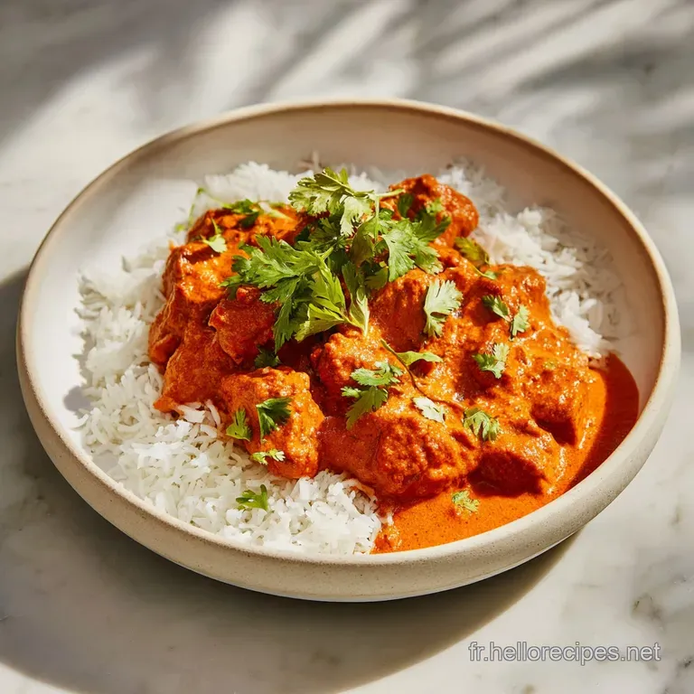 Elegant plate featuring a vibrant serving of butter chicken, garnished with cilantro, beside steaming basmati rice.
