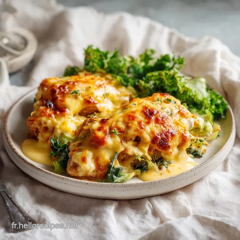 A single serving of tender chicken gratin topped with melted golden cheese and a sprinkle of fresh green herbs.